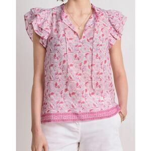 Vineyard Vines 2X Print Ruffle Sleeve Top V Neck Pink Frangipani Marsh